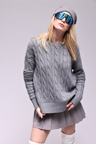 Cotton Cashmere Cable Crew w/Ottoman Stripe Sleeve Sweater - Grey Shadow