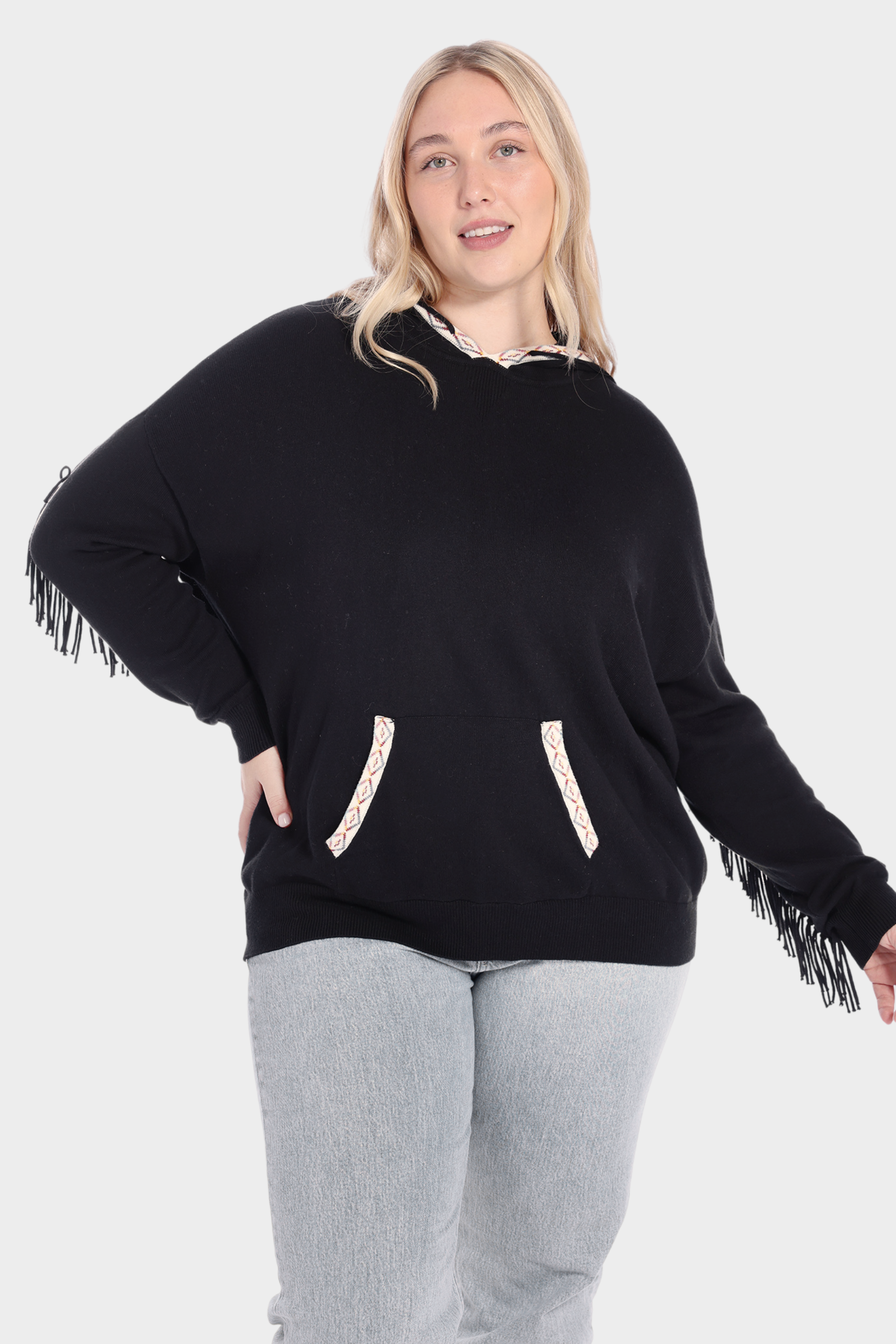 Plus Size Cotton Cashmere Embroidered Fringe Hoodie Minnie Rose