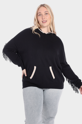 Plus Size Cotton Cashmere Embroidered Fringe Hoodie