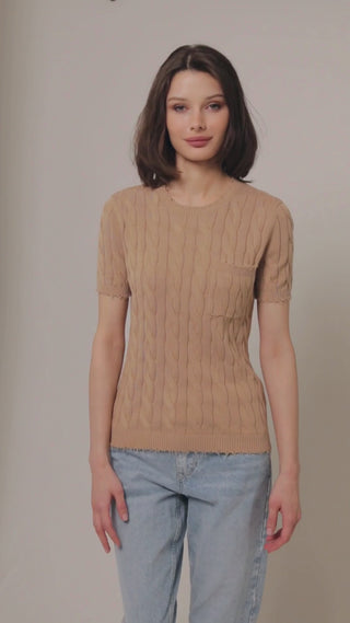 Brown Sugar cable knit short sleeve tee with pocket side 360 view
