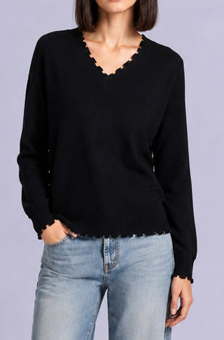 Cotton Cashmere Frayed Edge V Neck