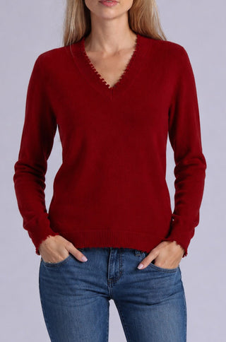 Cotton Cashmere Frayed Edge V Neck