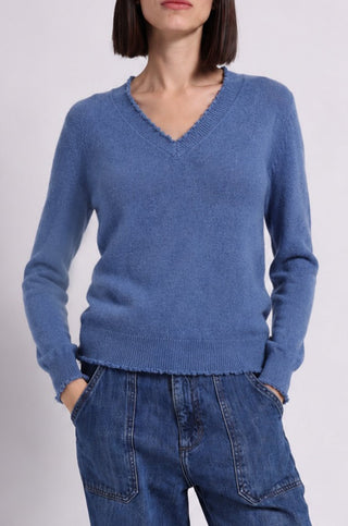 Cotton Cashmere Frayed Edge V Neck