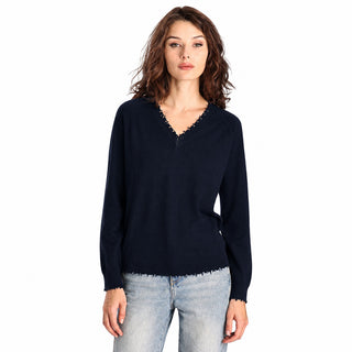 Cotton Cashmere Frayed Edge V Neck