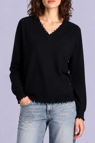 Cotton Cashmere Frayed Edge V Neck
