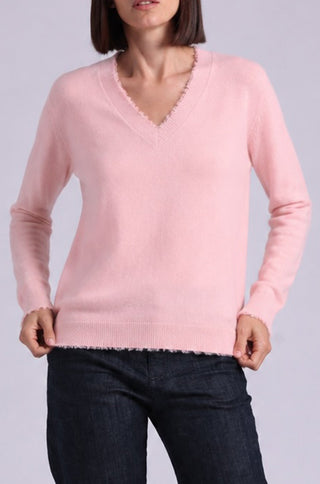 Cotton Cashmere Frayed Edge V Neck