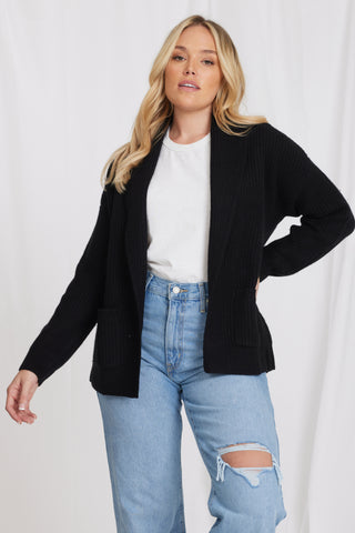 Plus Size Cashmere Blend Shawl Collar Cardigan- BLACK