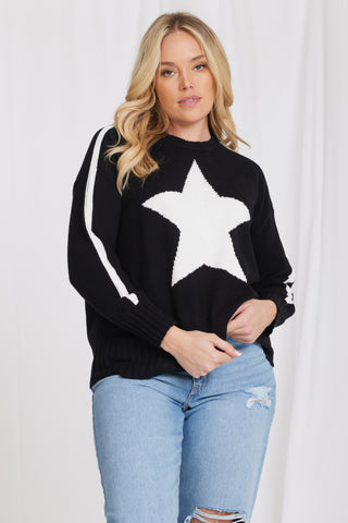 Plus Size Cotton Cashmere Star Crewneck Sweater - BLACK/WHITE