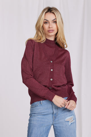 Viscose Lurex Button Cardigan - Merlot