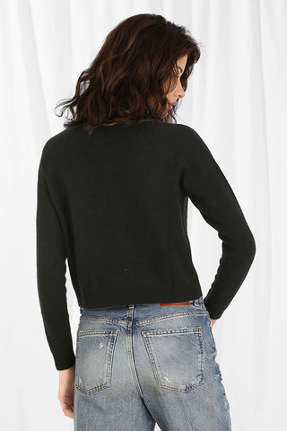 Cashmere Long Sleeve Shrunken Crewneck Sweater- Black