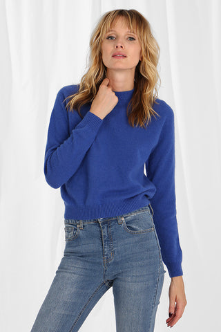 Cashmere Long Sleeve Shrunken Crewneck Sweater- Cosmic Blue