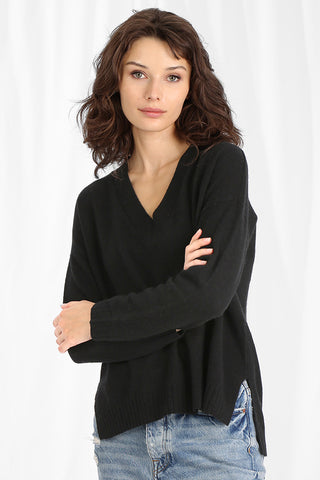 Cashmere Long and Lean V-Neck Sweater- Black