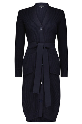 Cotton Cashmere Belted Ribbed Long Cardigan- NAVY