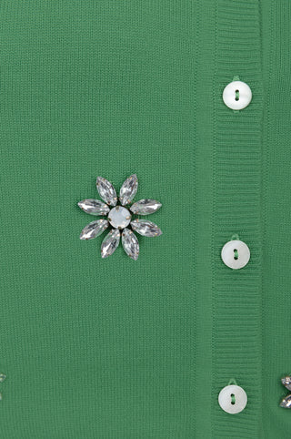 Cotton Cashmere Crystal Flower Cardigan Golf Green