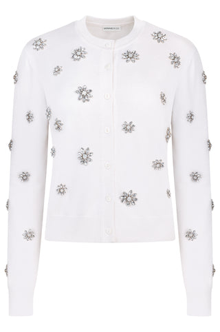 Cotton Cashmere Crystal Flower Cardigan White