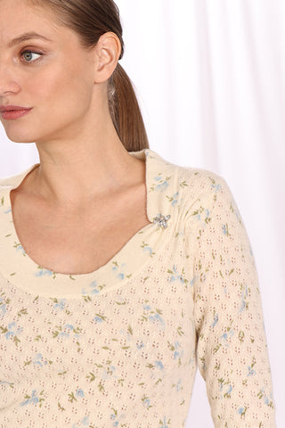 Cashmere Floral Print Pointelle Pullover -Vanilla / Baby Blue
