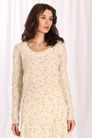 Cashmere Floral Print Pointelle Pullover - Vanilla / Dior Pink