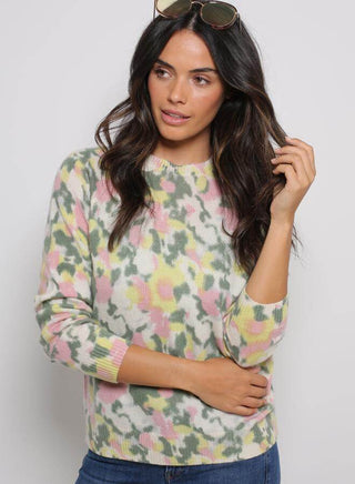 Watercolor Printed Cashmere Long Sleeve Crew Peony Watercolor