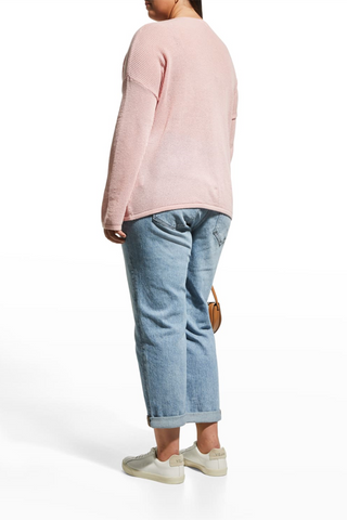 Plus Size Cotton Cashmere Mesh Keyhole Boat Neck Sweater- rose-pink