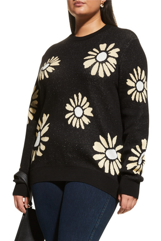 Plus Size Cotton Cashmere All Over Daisy Crewneck Sweater -black