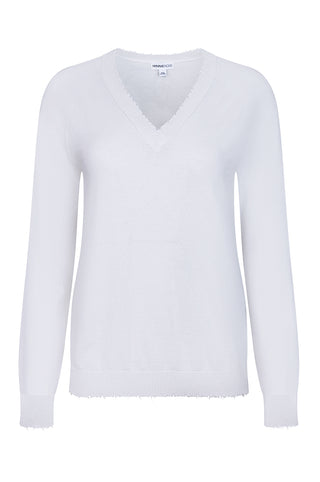 Fine Cotton Cashmere Distressed Long Sleeve V-Neck - White
