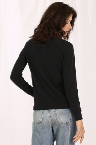 Fine Cotton Cashmere Distressed Long Sleeve V-Neck - BLACK