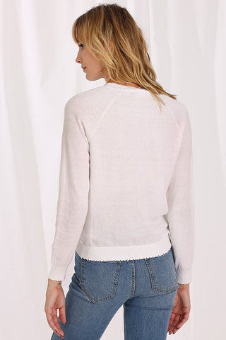 Fine Cotton Cashmere Distressed Long Sleeve V-Neck - White