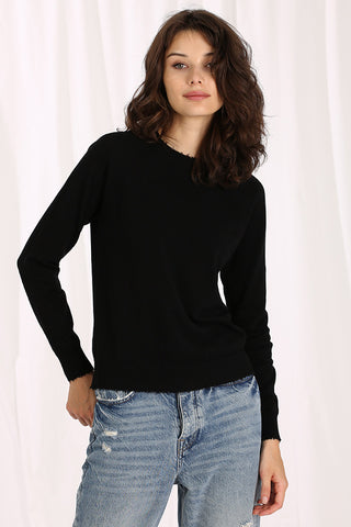 Fine Cotton Cashmere Frayed Edge Crewneck Sweater - Black