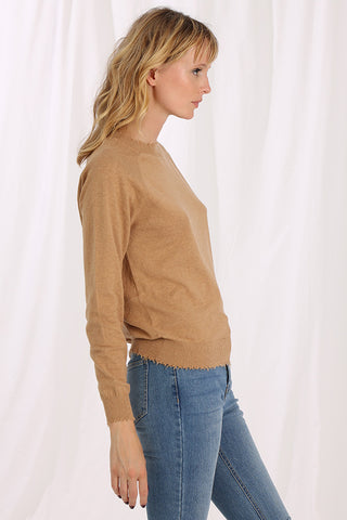 Fine Cotton Cashmere Frayed Edge Crewneck Sweater
