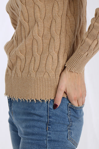 Cotton Cable Long Sleeve Crewneck w/ Frayed Edges- brown sugar