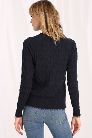 Cotton Cable Long Sleeve Crewneck w/ Frayed Edges- Navy