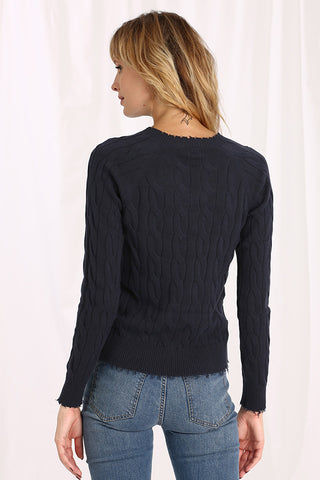 Cotton Cable Long Sleeve V-Neck w/ Frayed Edges- NAVY