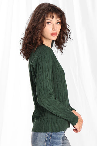 Cotton Cable Long Sleeve V-Neck w/ Frayed Edges- Pine