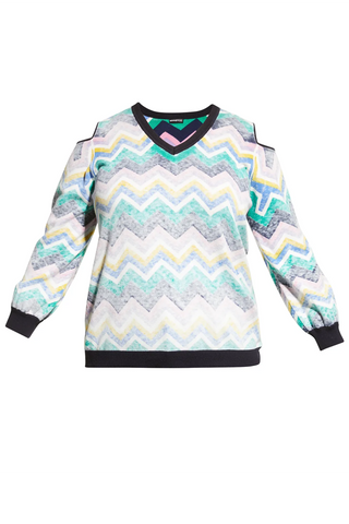Plus Size Cotton Cashmere Chevron Cold Shoulder Sweater - Navy Multi